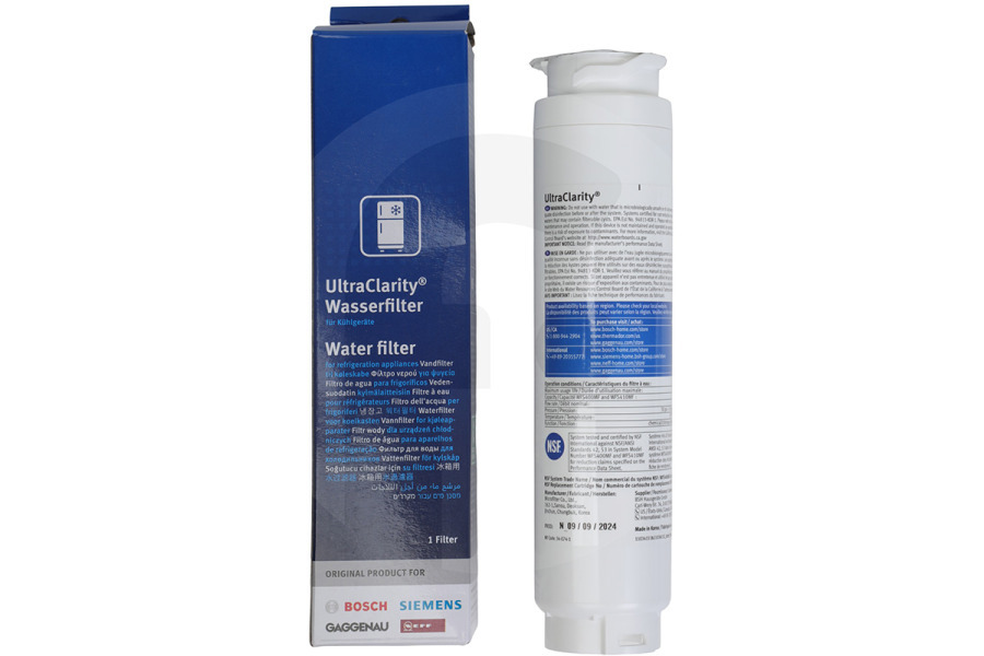 Bosch 11034151 Frigorífico Filtro de agua compatible con Bosch, Gaggenau, Miele y Neff para frigorifico 00740560, RA450010 apto para entre otros Claridad Ultra 9000077104