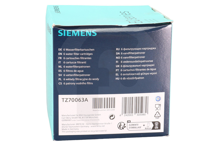 Siemens Koffiezetapparaat Brita Intenza waterfilter (anti-kalk filter, ontkalker) 6 stuks voor o.a. Bosch, Siemens koffiezetapparaat 312299, 00312299