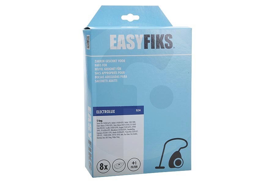 Panasonic Aspiradora Easyfiks S-Bag (EL34) bolsas para aspiradora (bolsas para polvo) 8 piezas incl. 1 filtro para Electrolux y otros aspiradora 9002560598 apto para entre otros Oxígeno SmartVac E201B