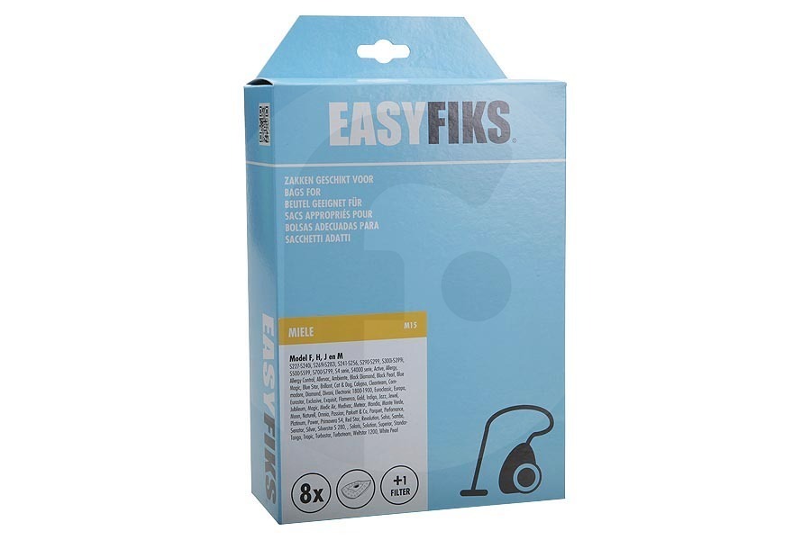 Panasonic Aspiradora Easyfiks FJM HyClean 3D Efficiency (M15) bolsas para aspiradora (bolsas para polvo) para Miele 8 piezas incl. 1 filtro aspiradora 9917710 apto para entre otros FHJM