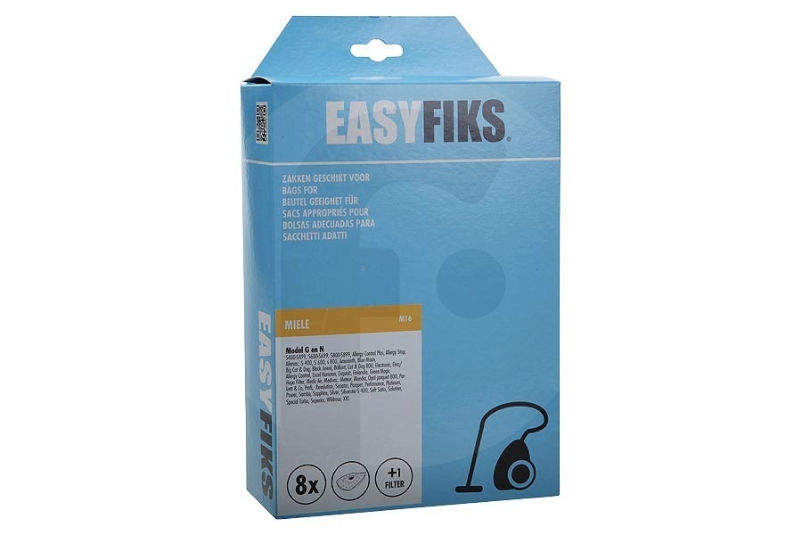 Panasonic Aspiradora Easyfiks GN HyClean 3D Efficiency (M16) bolsas para aspiradora (bolsas para polvo) para Miele 8 piezas incl. 1 filtro aspiradora 9917730 apto para entre otros Serie 400-600 GN