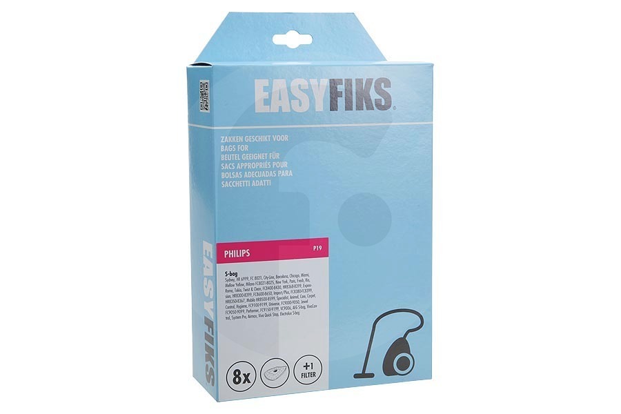 Panasonic Aspiradora Easyfiks S-bag Classic long performance (P19) bolsas para aspiradora (bolsas para polvo) para, entre otros, Philips 8 piezas incl. 1 filtro aspiradora FC8021/03 apto para entre otros S-BAG 8500-8599 HR-FC9006