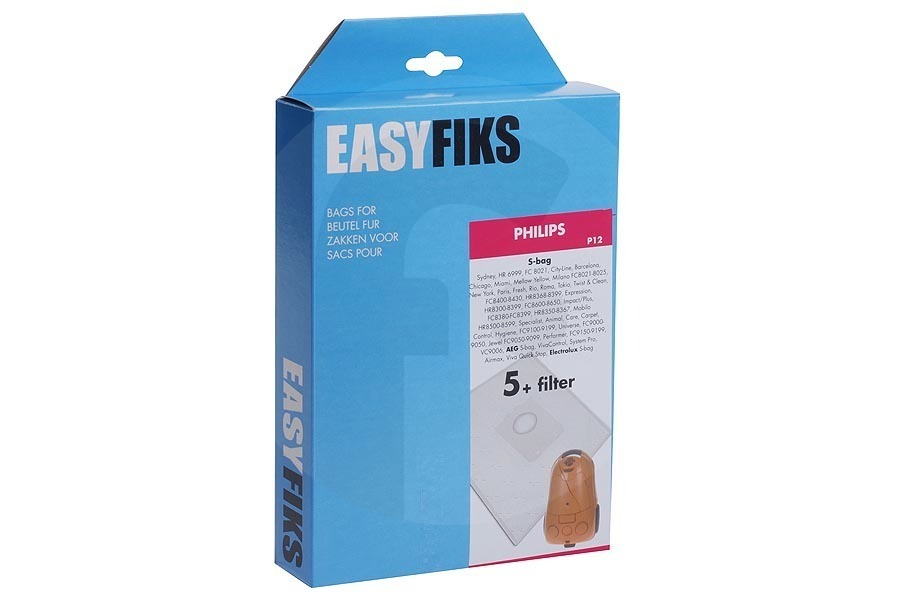 Panasonic Aspiradora Easyfiks S-bag Classic long performance (P12) bolsas para polvo incl. filtro para Philips y otros aspiradora FC8021/03 apto para entre otros S-BAG 8500-8599 HR-FC9006