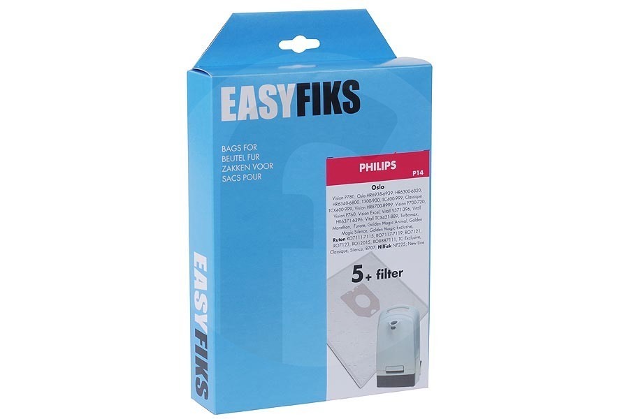 Nilfisk Aspiradora Easyfiks Oslo (P14) bolsas para aspiradora (bolsas para polvo) para Philips 5 piezas incl. 1 filtro aspiradora HR6938OSH apto para entre otros HR-6939-P 50-78 T 540-560