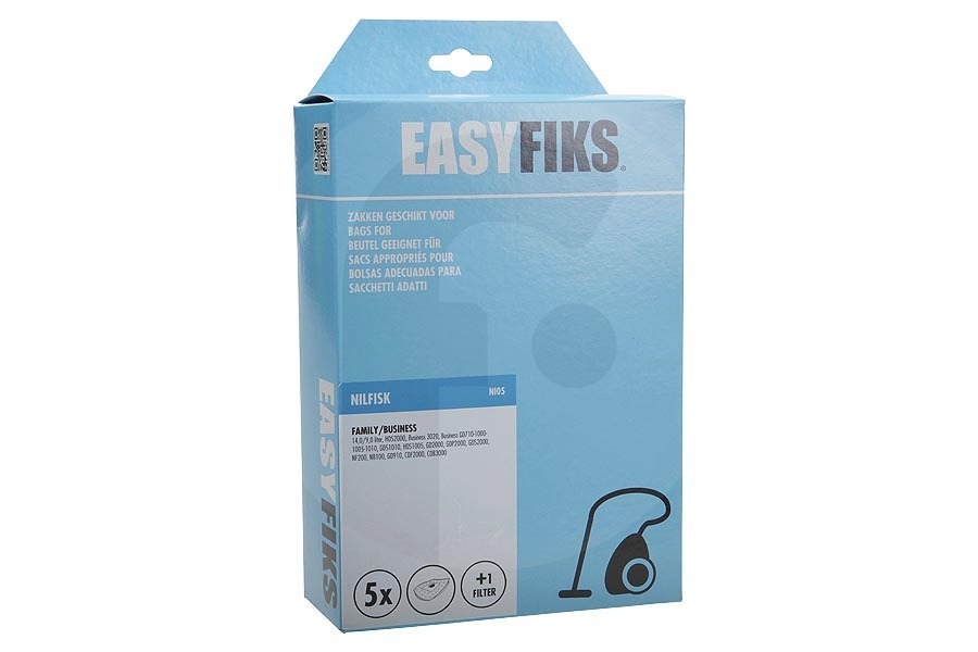 Nilfisk Aspiradora Easyfiks Family / Business (NI05) bolsas para aspiradora (bolsas para polvo) para, entre otros, Nilfisk 5 piezas incl. 1 filtro aspiradora 82222900 apto para entre otros Familia, Empresa 14.0 / 9.0 litros