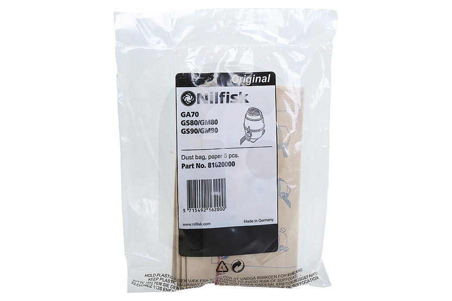 Nilfisk Aspiradora Nilfisk GA70/GS80-90/GM90 Bolsas Aspiradora (6.5 Litros) 81620000 apto para entre otros GA70, GS80, GM80, GS90, GM90