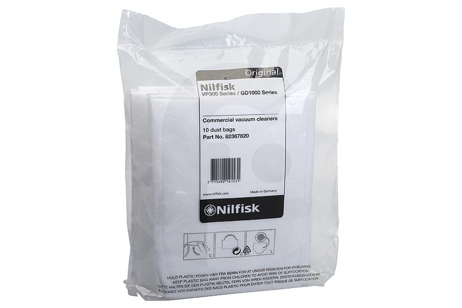 Nilfisk Aspiradora Nilfisk bolsas de aspiradora (bolsas para el polvo) 10 piezas de 10 litros aspiradora 82367820 apto para entre otros VP300, VP600, GD1000