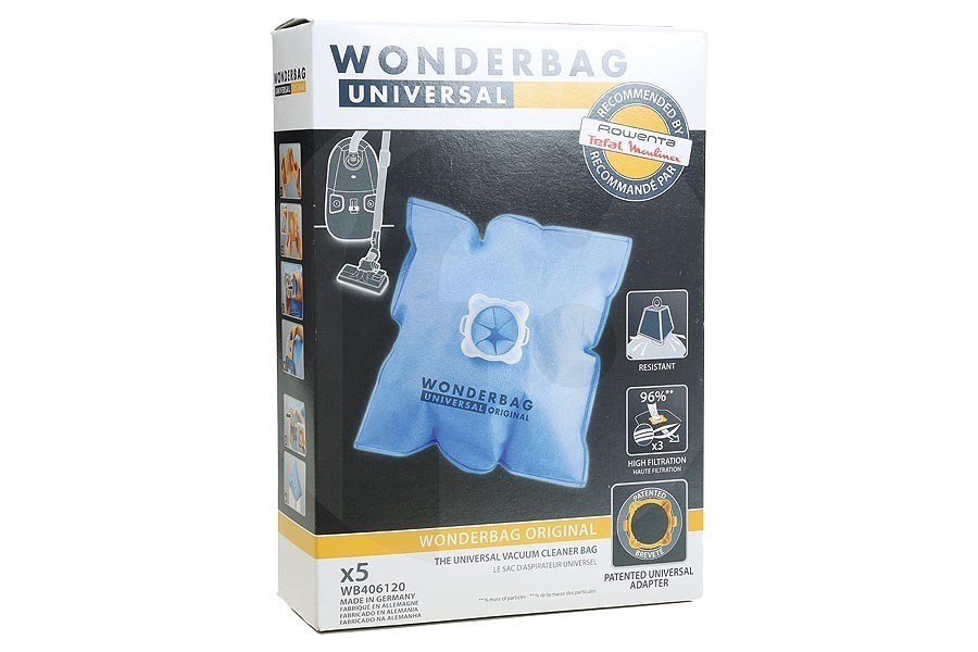 Rowenta Aspiradora Wonderbag Universal Original Bolsas Aspiradora WB406120 apto para entre otros aspiradoras compactas hasta 3 litros