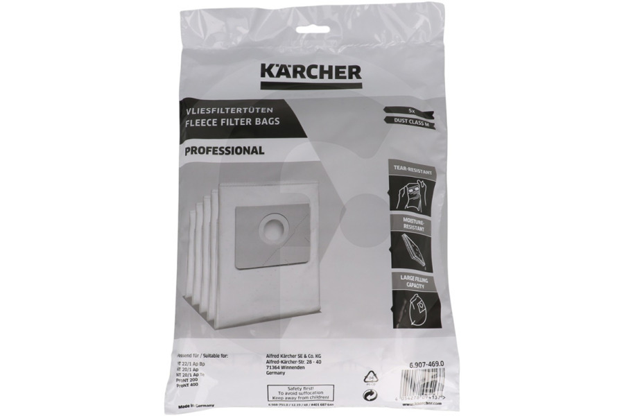 Karcher Aspiradora Kärcher Bolsas de aspiradora de fieltro 5 unidades para aspiradora 6.907-469.0, 69074690 apto para entre otros NT22/1, ProNT400