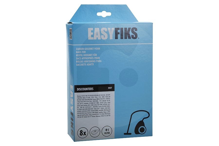 Nilfisk Aspiradora Easyfiks DI07 bolsas para aspiradora (bolsas para polvo) 8 piezas incl. 1 filtro aspiradora  apto para entre otros Samsung VP78M, Primadonna