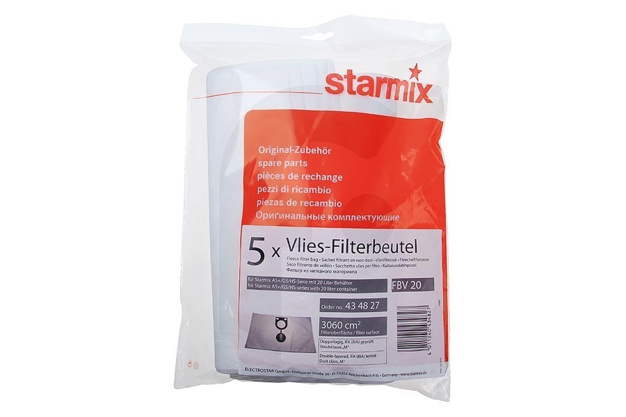 Starmix Aspiradora Starmix FBV 20 / 43 48 27 bolsas para aspiradora (bolsas para polvo) 20 litros 5 piezas aspiradora 434827 apto para entre otros FBV20