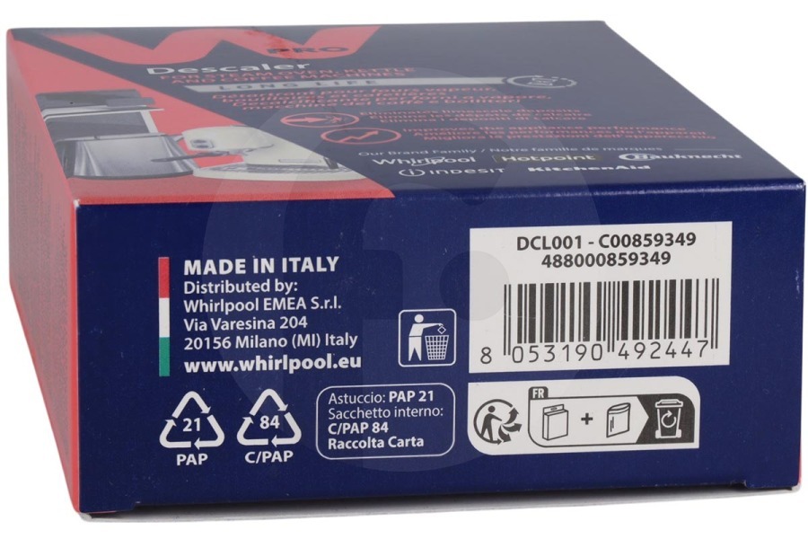 Whirlpool  WPRO decalcificante (polvere decalcificante) 3 pezzi da 25gr WKD005 forno a vapore 519827, C00519827