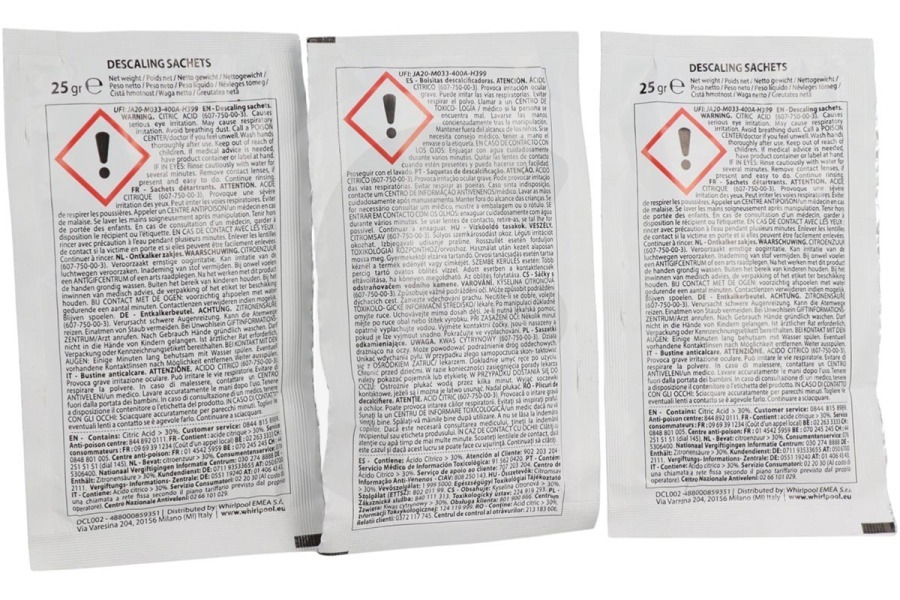 Whirlpool  WPRO decalcificante (polvere decalcificante) 3 pezzi da 25gr WKD005 forno a vapore 519827, C00519827