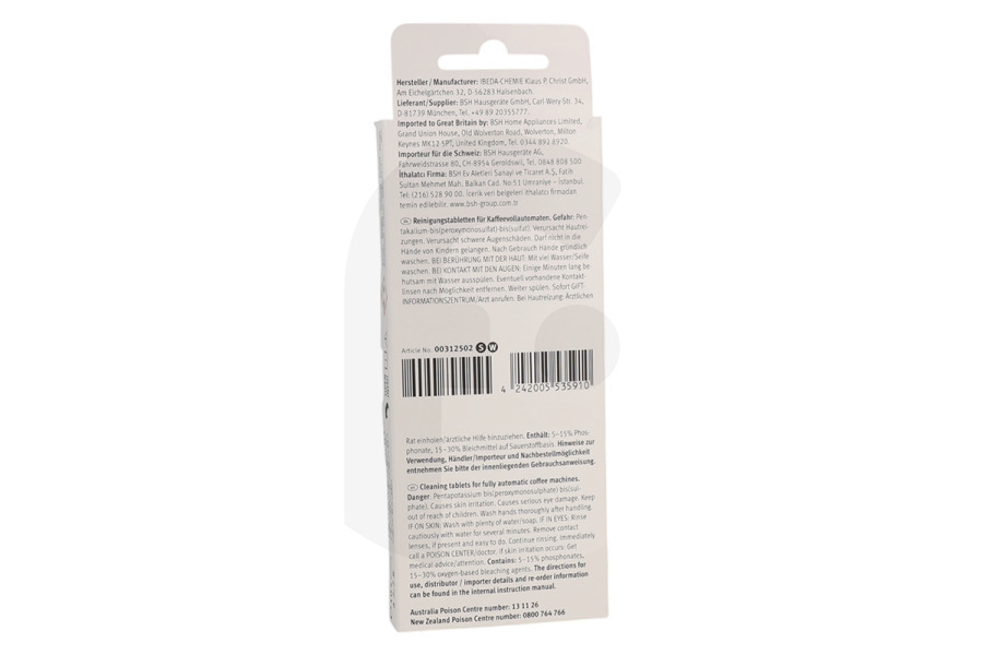 Bosch Cafetera Tabletas de limpieza para cafetera 00311970, TZ80001N