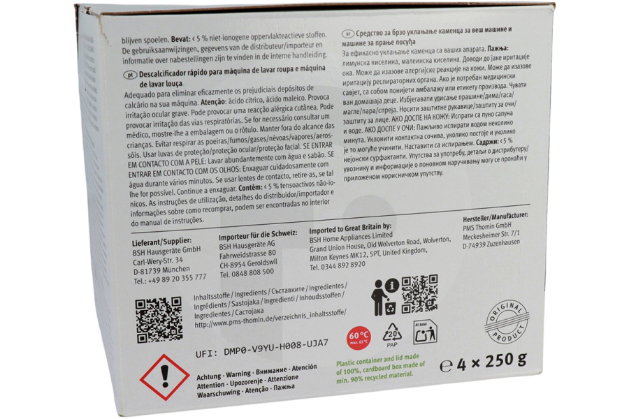 Bosch  Y188312331 Decalcificante Rapido 4x250g per lavatrice Bosch 00312331