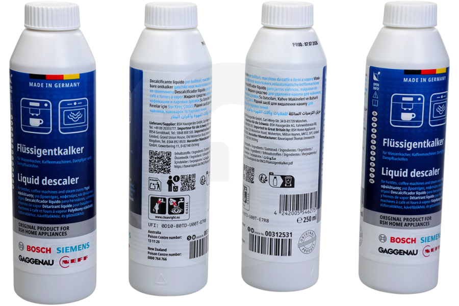 Bosch Macchina del caffè Decalcificante (liquido decalcificante) 4 flaconi da 250ml per Siemens, Bosch e altri macchina da caffè 312013, 00312013
