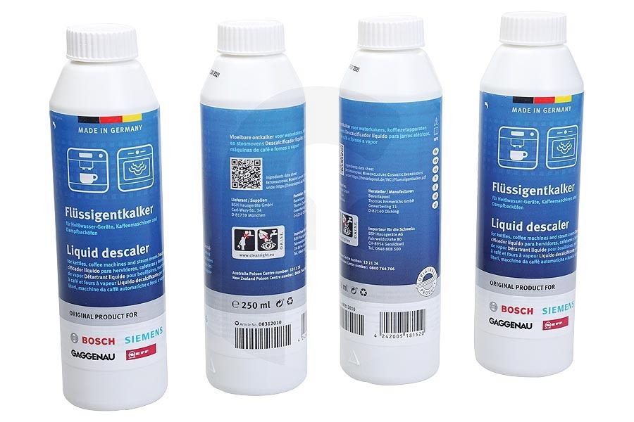 Bosch Macchina del caffè Decalcificante (liquido decalcificante) 4 flaconi da 250ml per Siemens, Bosch e altri macchina da caffè 312013, 00312013