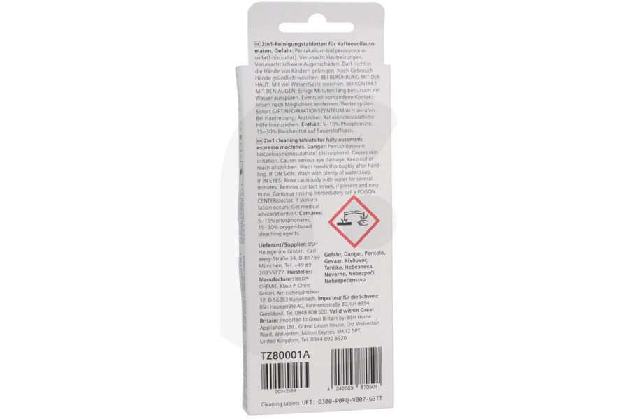 Neff Macchina del caffè Pastiglie detergenti (detergente) per Bosch, Siemens e altri macchina del caffe 00312097, TCZ8001A