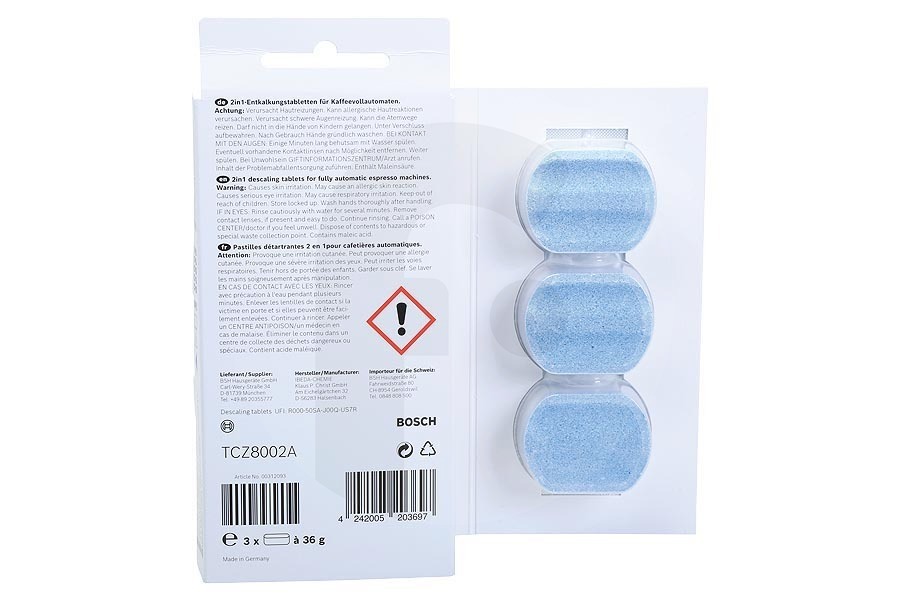 Neff Macchina del caffè Pastiglie anticalcare (pastiglie decalcificanti) per Bosch, Siemens e altri macchina del caffe 00312093, TCZ8002A