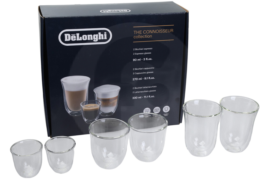 DeLonghi Cafetera DeLonghi Juego de vasos en vidrio de doble pared colección Fancy 6 piezas. cafetera 5513284451, DLSC302 apto para entre otros Juego de 6 vasos, 2x Espresso, 2x Cappuccino, 2x Leche