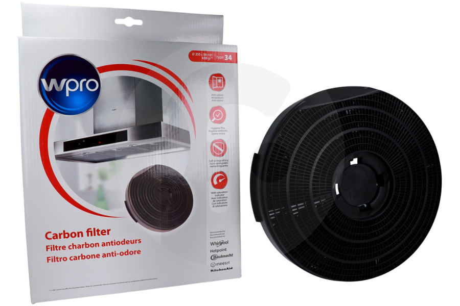 Atag 484000008610 Campana extractora Filtro de carbón Tipo 34 - (Ø255 X 50 Mm) campana extractora 481281718531, FAC349