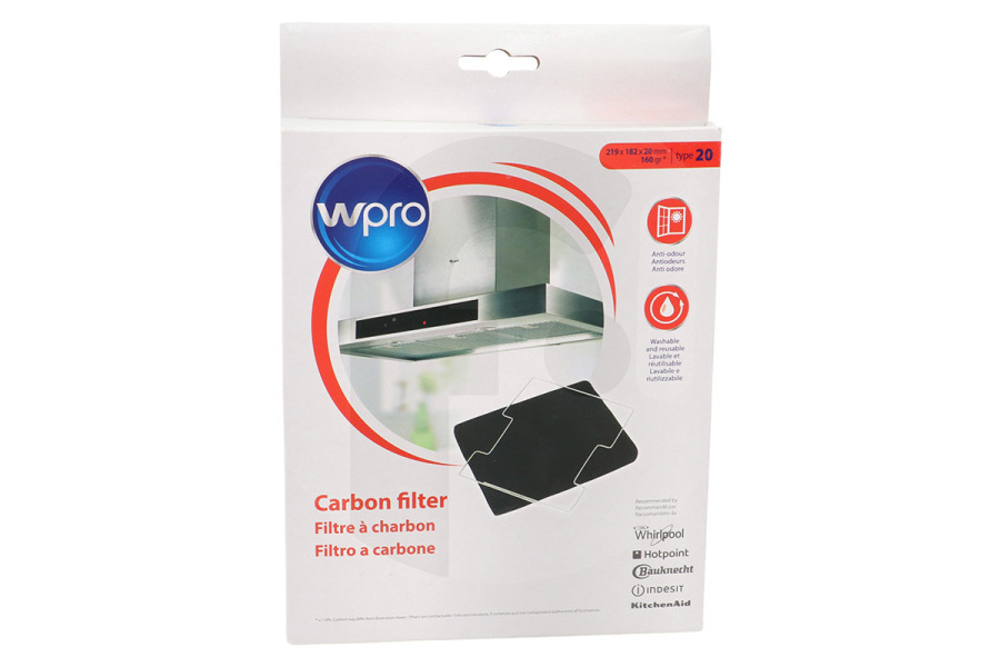 Alternatief Cappa aspirante WPRO Filtro a carbone Tipo 20/Dkf43 (220X180X20 Mm) cappa aspirante 480181700586, CFW020B