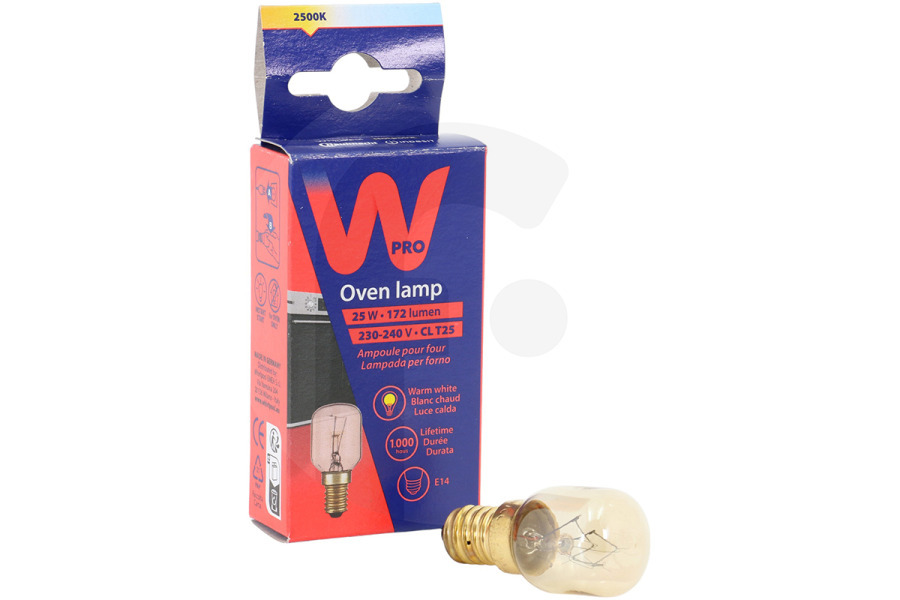ASKO WPRO lámpara (bombilla de horno) 25W - E14 T25 hasta 300°C para Whirlpool y otros horno 863215, C00863215 apto para entre otros L.55mm, diam. 23mm